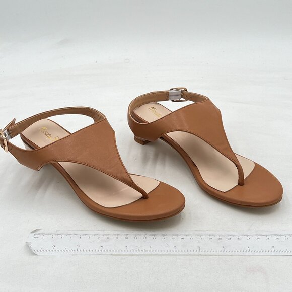 Milooey Brown T-strap Thong Low Heel Sandals Causal Ankle Strap Flip Flops Shoes - Picture 4 of 8